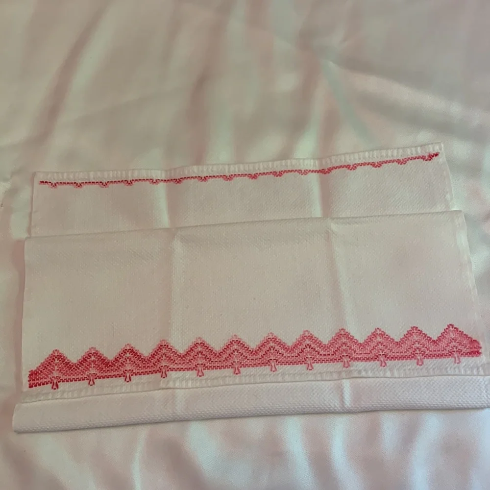 Set of 2 NEW Embroidered Tea Towels, Pink and White
